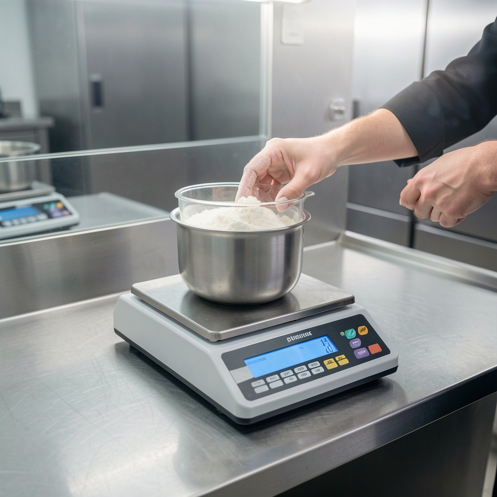 Ingredient weighing and calibration process on a precision scale inside a clean workspace with stainless steel surfaces and studio lighting