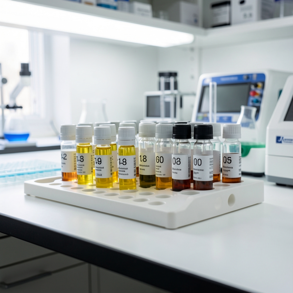 Independent laboratory bench with supplement sample vials numbered and arranged for elemental analysis under bright controlled workspace lighting