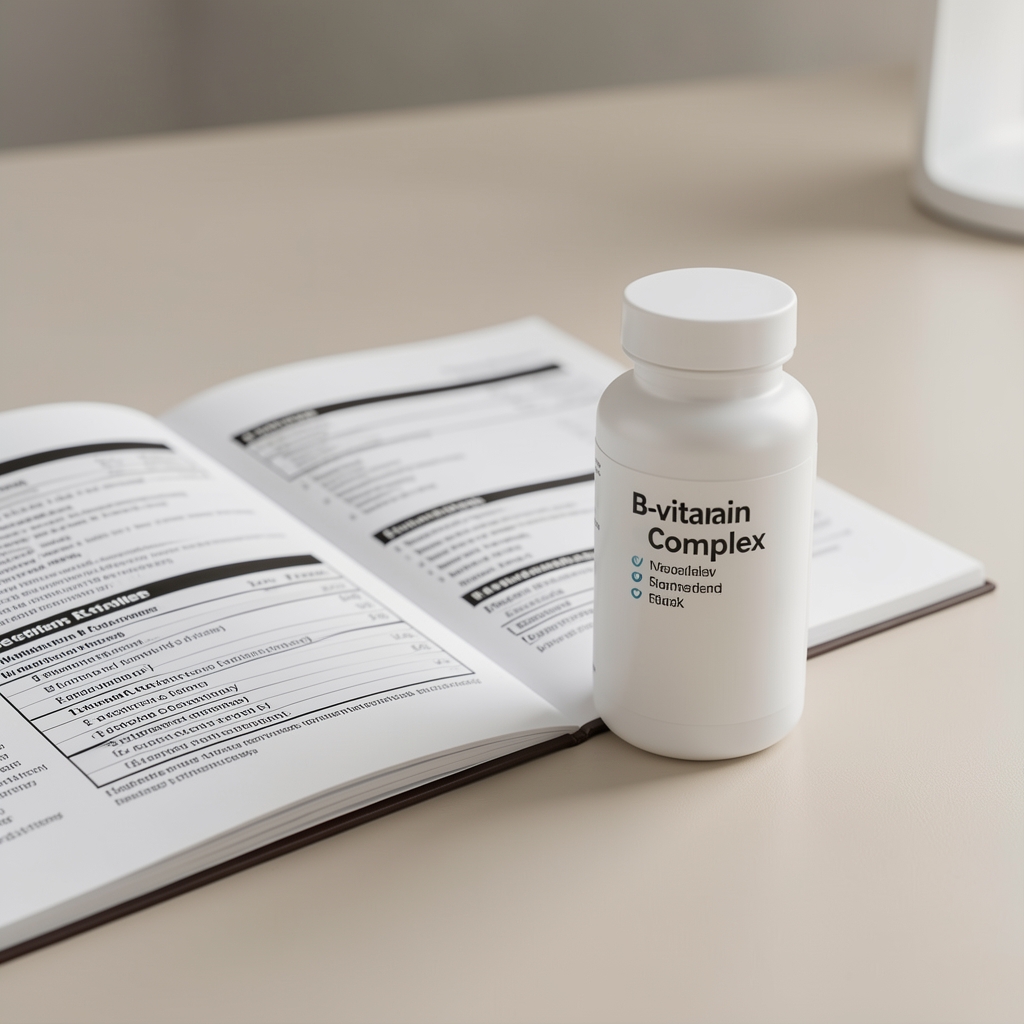 B-vitamin complex supplement in a slim white glass bottle beside open nutritional reference documentation on a minimal desk surface